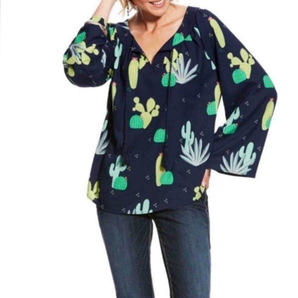 Ariat Navy Cactus Print Bell Sleeve Blouse NWT Sz S